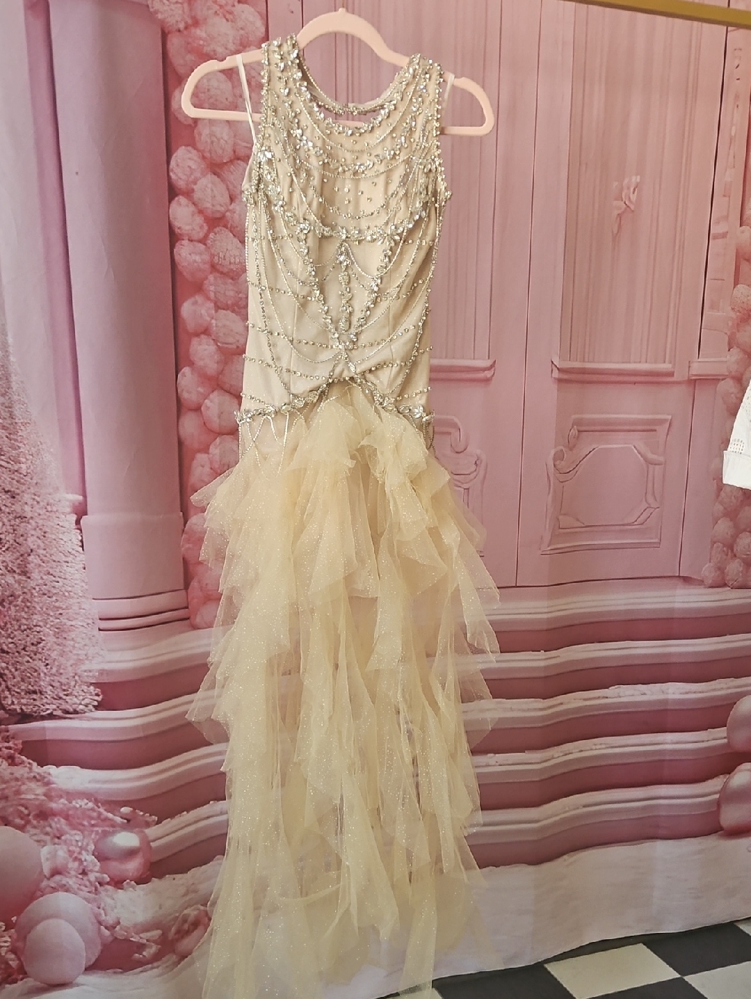 Girls' Gold Beaded Tulle Ruffle Formal Dress